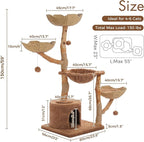 PAWZ Road Cat Tree for Indoor Cats Large Adults, 59 Inches Modern Cat Tower with 3 Large Baskets, Natural Solid Wood, Luxury Condo and Hammock, Modern Furniture for Big Cats, Brown