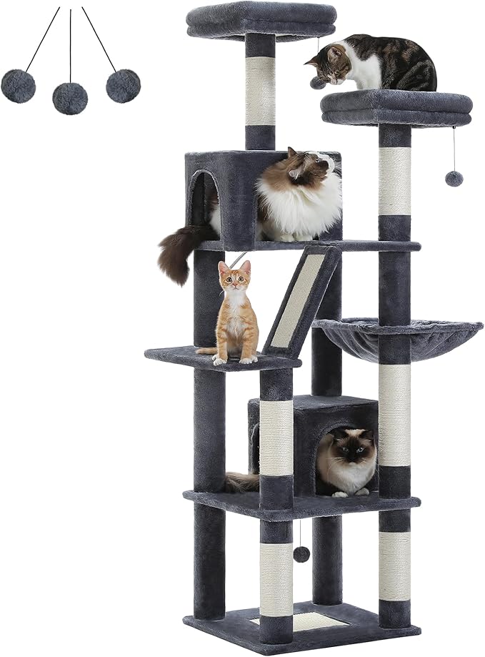 PAWZ Road Large Cat Tower, 70 Inches Tall Cat Tree with 2 Cozy Condos, 2 Plush Perch, Large Basket, 2 Scraching Pad & 6 Scraching Posts for Indoor Cats Adult, Dark Gray