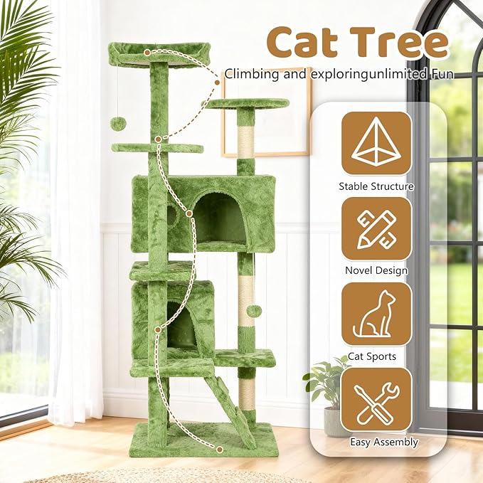 BestOffice 54 Inch Cat Tree, Multi-Level Cat Tower with Condo, Perches, Sisal Scratching Posts, Climbing Ladder,Indoor Activity Center Play House for Kittens & Adult Cats,Green