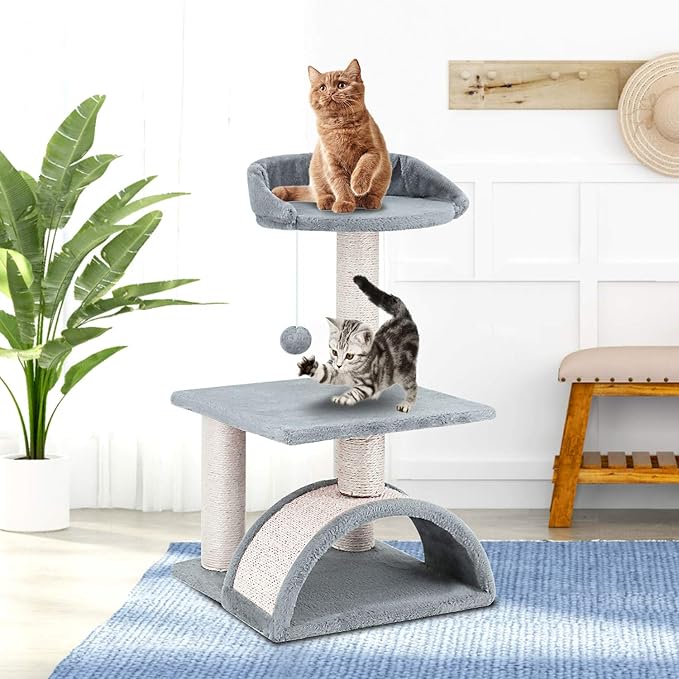 ScratchMe Tree Condo with Scratching Post, Cat Tower Pet Play House with Toy,24.4 inch(62cm), Grey