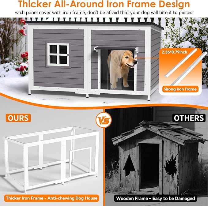 59" Dog House with Insulated Liner, Extra Large Dog House for Outdoor with Weatherproof Roof, Anti-Chewing Metal Frame Design for Small Medium Large Breeds Dogs(Grey)