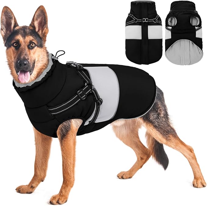 KOESON Dog Coat, Windproof Dog Winter Coat with Harness Built in for Extra Large Dogs, Waterproof Reflective Pet Snow Jacket with Warm Fleece Lining for German Shepherd, Labrador Retriever