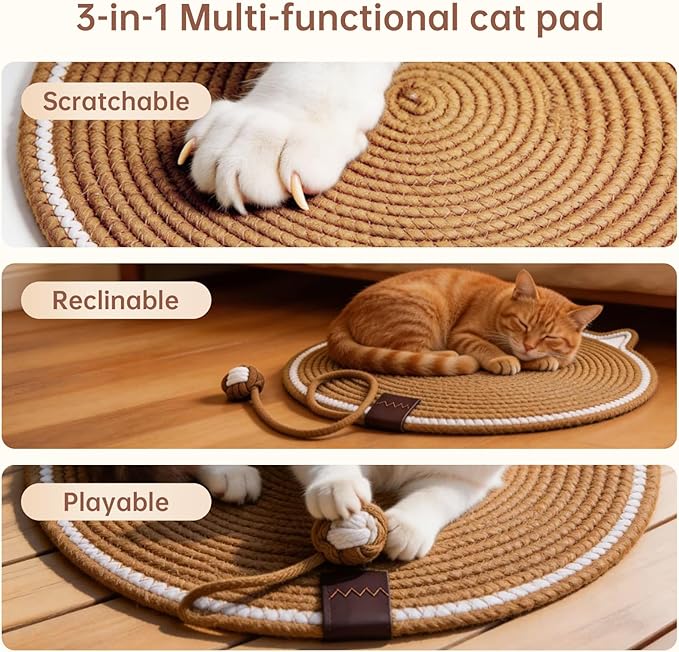 Cat Scratcher Mat, Natural Cotton Rope Cat Scratch Pad, 18.11'' Round Horizontal Floor Cat Scratching Pads for Indoor Cats, Cat Furniture Protector for Wall, Couch, Carpets, Sofas (white, Extra Large)