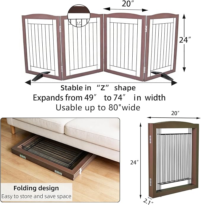 Dog Fence Indoor,Dog Gate Indoor for Doorway pet gate -4-Panel Freestanding, Hallways, House or Stairs -80x24-Inch Retractable Foldable Expandable Wood Pet by SFJC (Brown) ﻿