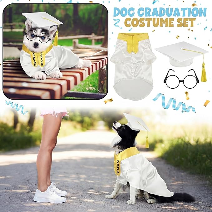 5 Pcs Dog Graduation Costume Set Include 2026 Pet Graduation Gown with Stole Puppy Grad Cap Lensless Glasses DIY Letter Stickers for Dogs Cats Holiday Costume Accessory(White Gold,M)