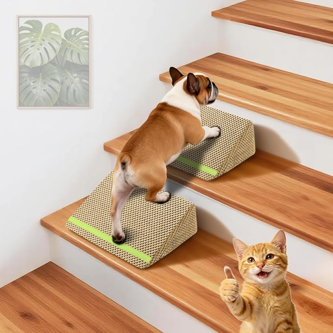 JoyBlooms Dog Ramp for Stairs for Small & Senior Dogs Cats, 40D Density Foam Gentle Slope Non-Slip Dog Stair Ramp with Glow Strip, Pet Ramp with Removable Washable Cover Brown-2pcs