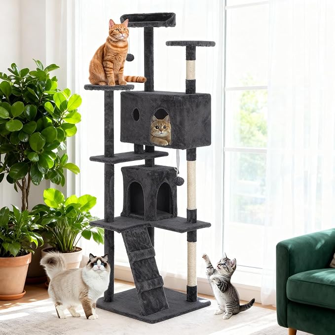 BestOffice 70 Inch Cat Tree, Multi-Level Cat Tower with Condo, Perches, Sisal Scratching Posts, Climbing Ladder,Indoor Activity Center Play House for Kittens & Adult Cats, Dark Gray