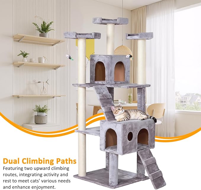 Extra Large Platform Cat Tree 69in Sturdy Cat Scratching Tree for Indoor Cats Large Adult Big Cat Perch Tower with 3 Padded Perches 5 Scratching Posts Cat Condo Hammock Gray