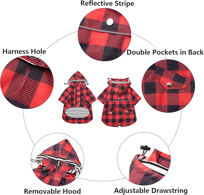 Dog rain Coat Waterproof Raincoat Puppy Jacket with Legs Buttons Zipper Hood Drawstring Fit for Yorkie Terrier Schnauzer Poodle Border Collie Labrador Golden Retriever 8lbs to 80lbs Red XXL