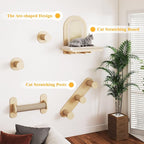 BYBYME 7 Pcs Wall-Mounted Cat Shelves, Multi-Level Sturdy Climbing Frame with Scratching Posts, Kitten Platform & Cat Bed for Playing & Resting, Solid Wood Indoor Cat Room Tree（Natural Wood）