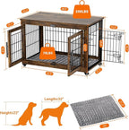 Dog Crate Furniture with Cushion, Large Wooden Dog Kennel Indoor with Double Doors, Dog Cage with Wheels, Dog House Side End Table for Large Medium Dogs up to 70 lb, 38.5” L, Rustic Brown
