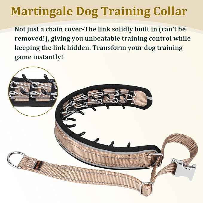 Mayerzon Prong Collar for Large Medium Dogs, Patented Reflective Pinch Collar with Metal Buckle, No Pull Adjustable Hidden Covered Dog Walking Training for Pitbull German Shepherd Doberman(Brown, L)