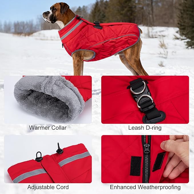 Dog Coat, Warm Dog Winter Coat for Medium Dogs, Waterproof Jacket with Harness Built in, Reflective Turtleneck Cold Weather Coats with Zipper,Pet Fleece Vest Snow Jacket, Red M