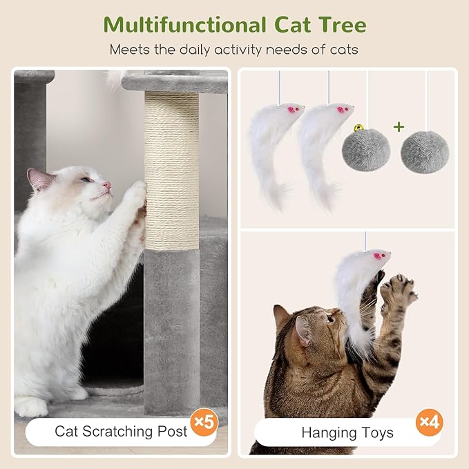 Globlazer Large Cat Tree, 80 inch Multi-Level Tall Climbing Tower Kitty Condos Cat Scratching Tower for Indoor Multiple Large Adult Cats Kittens with 3 Cat Caves, 3 Hanging Baskets, F80F, Light Grey