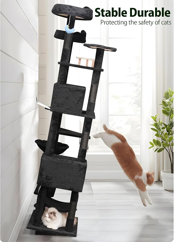 79inch Giant Cat Tree for Heavy Duty Big Cats, Multi-Level Luxury Cat Tower with Scratching Post, Cat Condo with Hammocks & Plush Perches for Indoor Cats Large Adult, Black