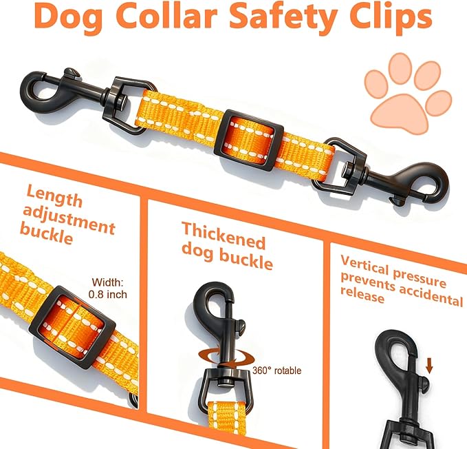 2 Pcs Dog Collar Safety Clips with Double Ended Clasps | Adjustable Collar Backup Clip for Dog Harness & Collars Connectors, Training for Walking, Running, and Hiking, Safety Clip - Orange