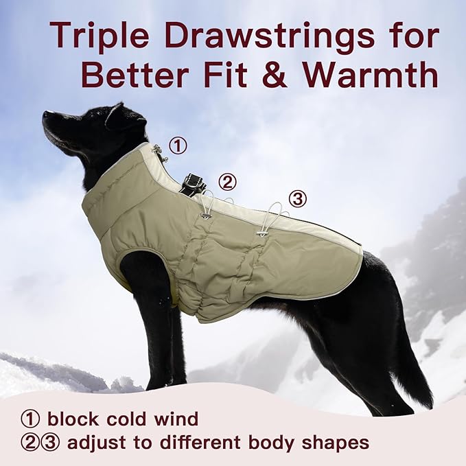 Dog Winter Jacket - XX Large, Warm Zip Up Snowsuit Dog Harness Vest, Reflective, Water-Resistant, Apricot