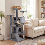 Tangkula Cat Tree Tower, 52 Inch Multi-Level Cat Tower with Sisal Scratching Posts, Cushioned Top Perch, Large Dual Condos & Ladder, 2 Hanging Balls, Jumping Platforms for Indoor Cats (Light Gray)