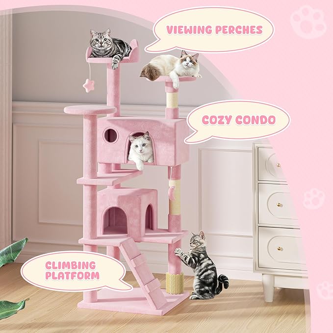Magshion Cat Tree 60" Cats Tower for Indoor Cats, Multi-Level Cat Condo with Scratching Post, Top Perch, Sisal Board and Dangling Ball, Cat Stand Jumping Platform Kittens Pet Play House (Pink)