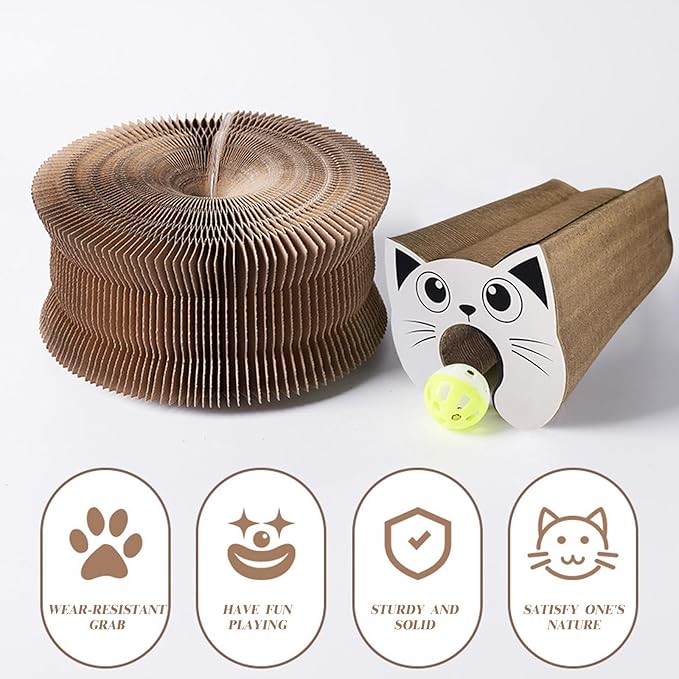 Kitty Kurlz Cat Toy Accordion Magic Organ Scratcher for Indoor Cats - Cardboard Interactive Ball Scratcher Pad, Reversible Kitten Enrichment Toy for Bored Cats