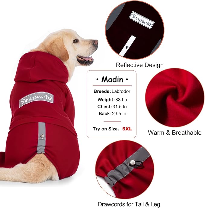 Dog Hoodies Winter Coat for Large Medium Dogs, Pullover 10 Legs Warm Coat Hooded Sweatshirt, Fleece Hoodie for Cold Weather (Red, 6X-Large)