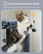 59" Cat Tree, Cat Tower for Large Cats, Multi-Level Cat Tower with 3 Removable Pompom Sticks, Cat Tree for Indoor Cats, Cat Condo with Large Hammock, Scratching Post, and 2 Perches, Dark Gray