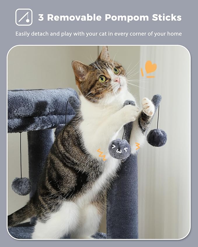 59" Cat Tree, Cat Tower for Large Cats, Multi-Level Cat Tower with 3 Removable Pompom Sticks, Cat Tree for Indoor Cats, Cat Condo with Large Hammock, Scratching Post, and 2 Perches, Dark Gray