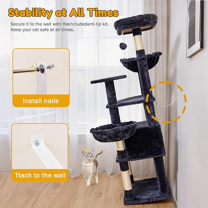 Tall Cat Tree,63 Inch Cat Tower for Indoor Adult Cats,Large Cat Stand with Scratching Post,2 Baskets,Plush Perch,Dark Gray