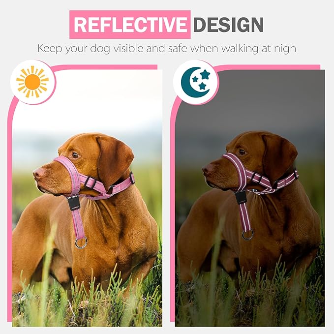 Weesiber No-Pull Dog Head Halter - Adjustable Dog Muzzle Leash, Padded Head Collar for Dogs to Prevent Heavy Pulling On The Leash(Pink,L)