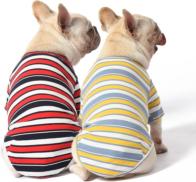 Dog Shirts Cotton Striped T-Shirt, Summer Pet Clothes for Small Dogs, 2-Pack Soft Puppy Apparel Cat Tee, Breathable Stretchy, Red Yellow S
