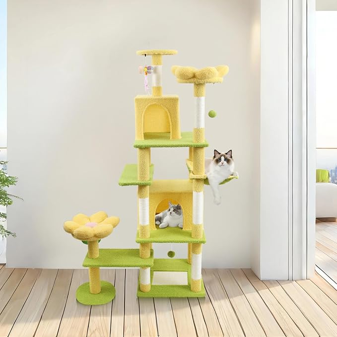 71 inch Flower cat Tree with Large condo Removable Flower Cushion and Hammock Yellow