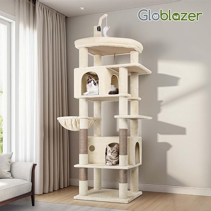Globlazer Cat Tree for Indoor Cats Large Adult, 74in Tall Cat Tower with Scratching Post, Heavy Duty Cat Tree Tower with 2 Spacious Caves, Oversized Top Perch, Big Hanging Basket, F74B, Beige