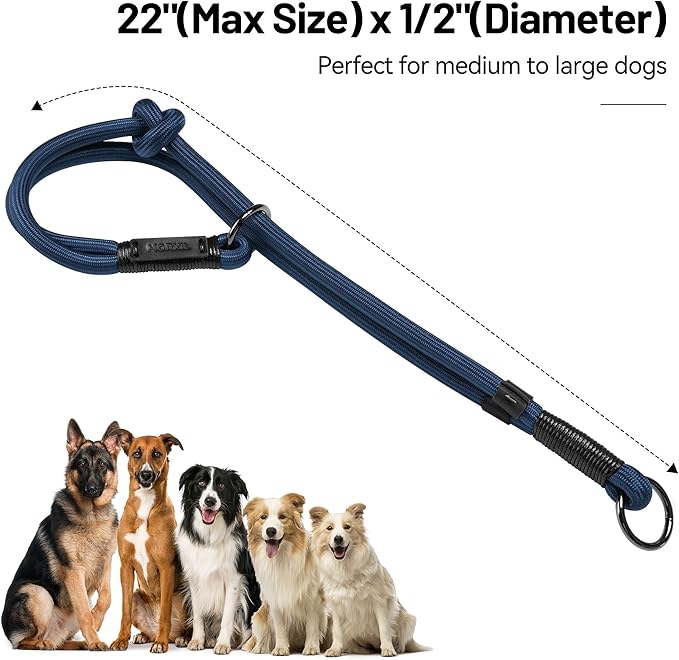 Slip Dog Collar, Nylon Rope Dog Choker Collars with Adjustable Stopper, Heavy Duty Collar for Medium Dog Training (Navy Blue)