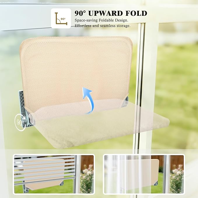 Cat Window Perch, Foldable Window Hammock for Cats with Strong Adhesive Glue, Metal Frame and Washable Soft Cover cat Bed for Window, Reversible for Winter and Summer
