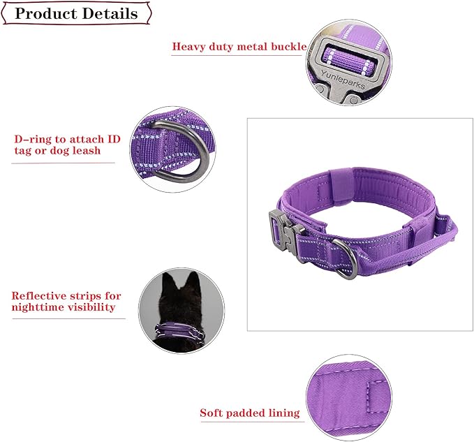Tactical Dog Collar with Heavy Duty Metal Buckle and Control Handle for Medium Large Dogs Training(Purple, X-Large)