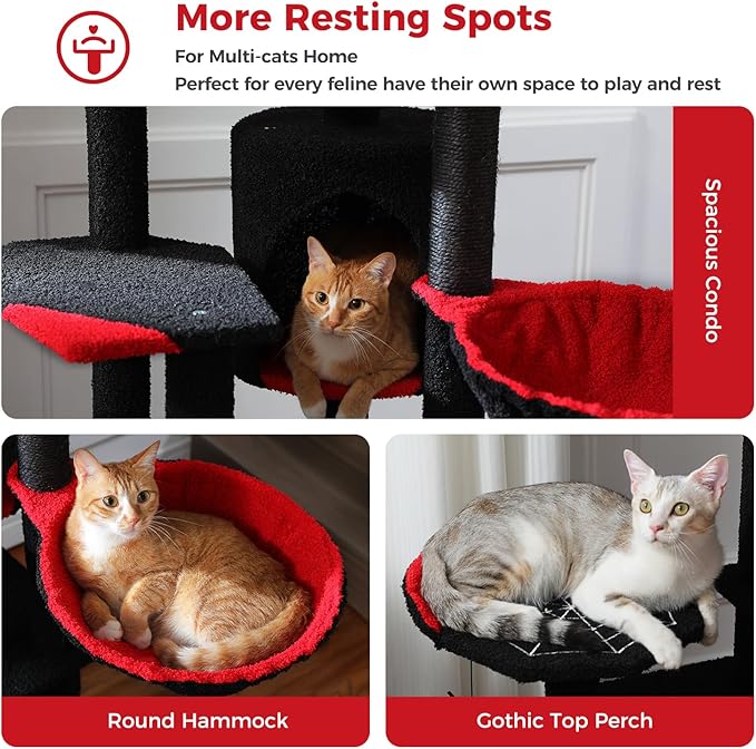 Gothic Cat Tree for Large Cats with Coffin Bed, 59" Tall Cat Tower with Spacious Condo, Large Hammock, Scratching Posts and Spider Dangling Balls, Sturdy Play House for Indoor Cats, Black