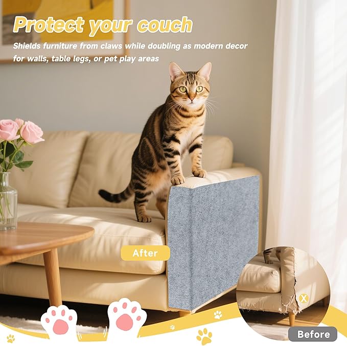 Cat Scratch Furniture Protector, 39.3''x15.8'' Trimmable DIY Self-Adhesive, Durable Corner Scratcher Couch Protectors from Cat Claws for Sofa, Tree Shelves & Scratching Posts (Light Gray)