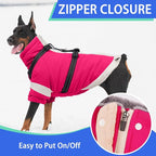 MIGOHI Rainproof Dog Winter Jacket with Harness,XXL Large Fleece Dog Coat with Sleeves,Adjustable Pet Puffer Jacket Snowsuit Cold Weather Coats for Golden Labrador Retriever,XXL,Rosered