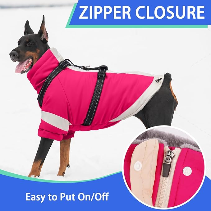 MIGOHI Thermal Large Dog Coat with Harness Waterproof Jacket for Large Dogs,Thick Dog Winter Coat,Snow Jacket for Dogs Windproof for Hunting Camping Chilly Days,Doberman,Great Dane,XXXL,Rosered