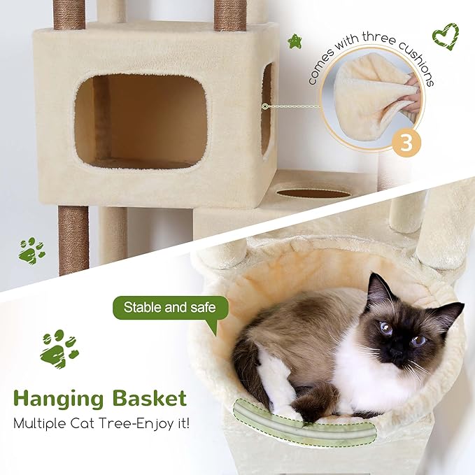 Globlazer 85 Inch Tall Cat Tree for Large Cats, Multi-Level Cat Tower for 4+ Cats with 3 Condos, 2 Hammocks & Sisal Posts, Heavy Duty Cat Tree Tower for Maine Coon, S85, Beige