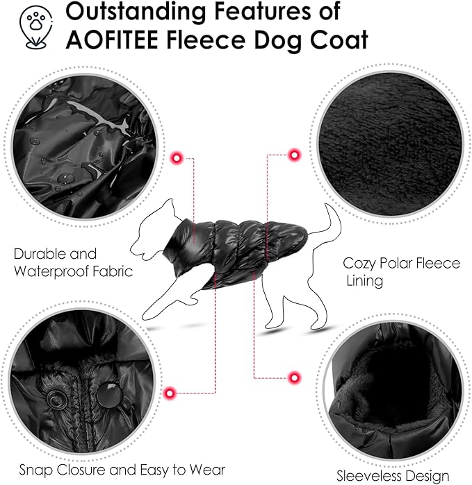 AOFITEE Dog Jacket, Dog Winter Coat, Waterproof Dogs Coats for Small Dogs, Warm Fleece Pet Snowsuit Puffer Jacket, Cozy Winter Pet Fleece Vest, Female Male Pets Cold Weather Coats, Black, XXL