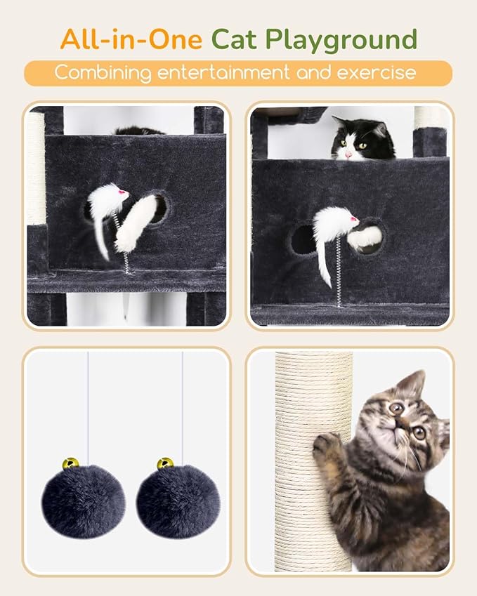 Globlazer Heavy Duty Cat Tree Tower 80in Tall Extra Large Cat Tree Tower for Multiple Indoor Cats Large Adult with Scratching Posts, 2 Spacious Condos, Padded Perches, Soft Hammock, S80B, Dark Grey