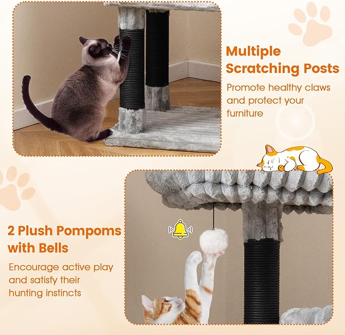 Tangkula Carpet Cat Tree, 62 Inch Tall Cat Tower with Scratching Posts, 2 Condos, 2 Perch Beds, Dangling Jingle Balls, Soft Flannel Covering, Unique Cat Tree for Indoor Cats