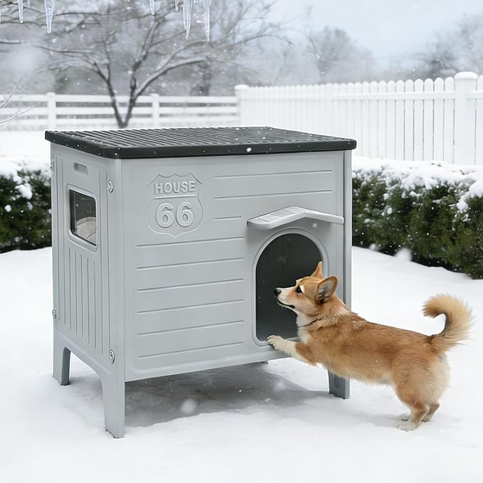 Rockever Insulated Dog House Outdoor Indoor for Small Medium Dogs, Insulated Dog House with Insulated Liner, Plastic Elevated Outdoor Dog House Waterproof Dog Kennel, Clean Easily((M & Liner)