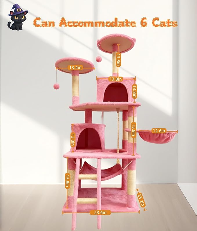 Cat Tree 60.63 inches Cat Tower for Indoor Cats, Multi-Level Cat Condo Furniture with Scratching Posts, Plush Perches, Activity Center with Cozy Basket & Hammock for Cats (Pink)