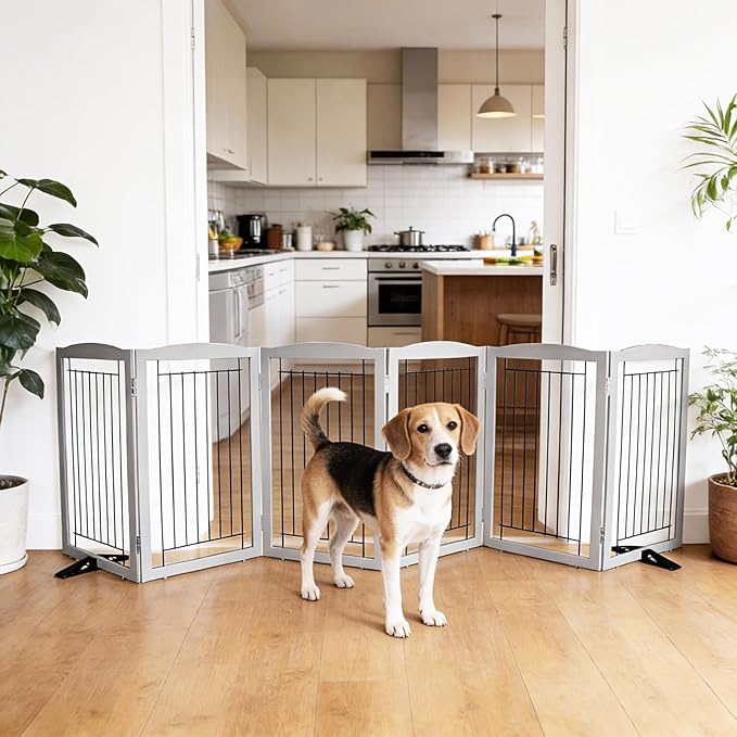 Dog Fence Indoor,Dog Gate Indoor for Doorway pet gate -6-Panel Freestanding, Hallways, House or Stairs -120x32-Inch Retractable Foldable Expandable Wood Pet by SFJC (Grey) ﻿