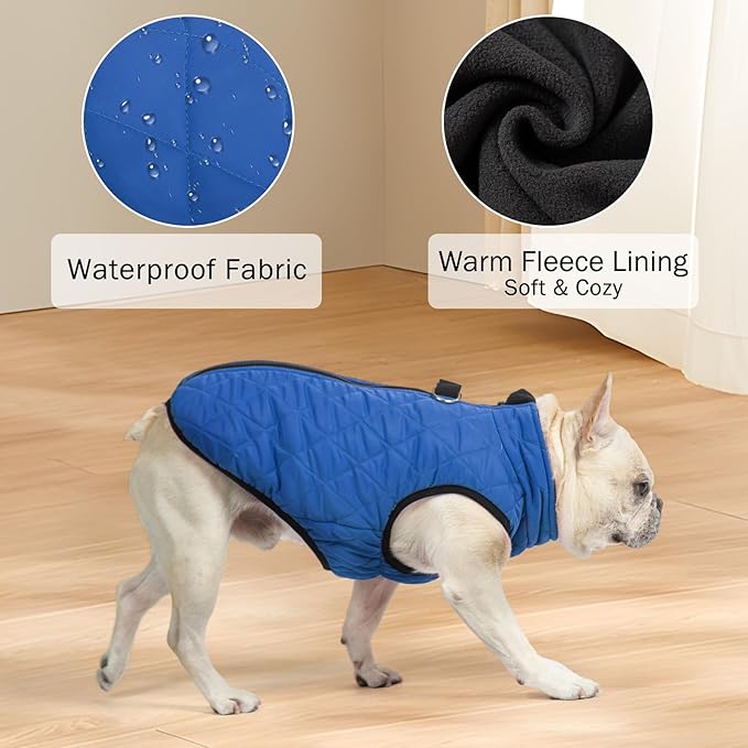 SCENEREAL Winter Dog Vest Coat with Harness Built in, Warm Puppy Jacket for Small Medium Dogs, Cold Weather Coat with Zipper, Fleece Puffer Vest Windproof Snow Clothes, Blue L