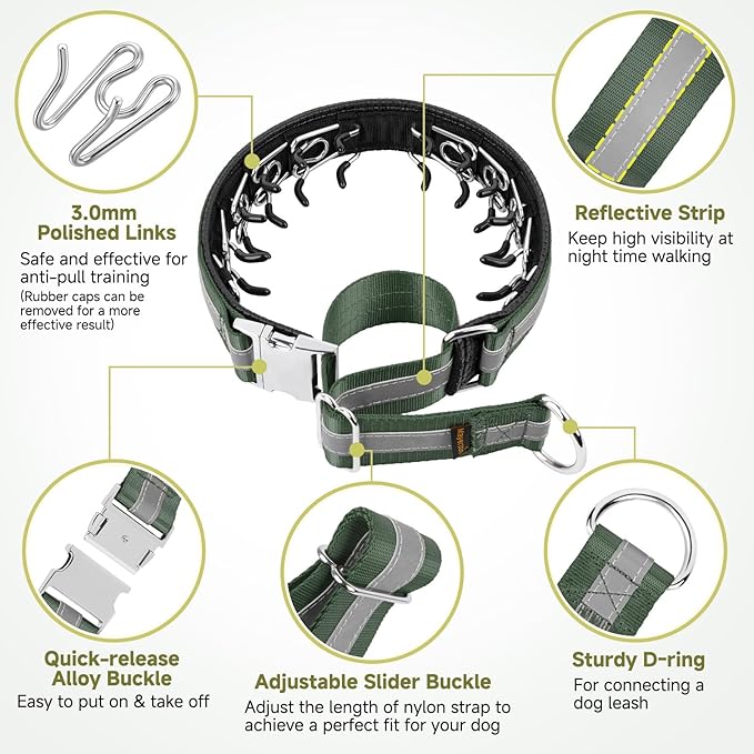 Mayerzon Martingale No Pull Collar for Large Medium Dogs, Patented Dog Walking Training Collar for Pulling, 1.5'' Wide Alloy Buckle, Neoprene Padded, Adjustable, Reflective, Easy to Use(XL, Green)