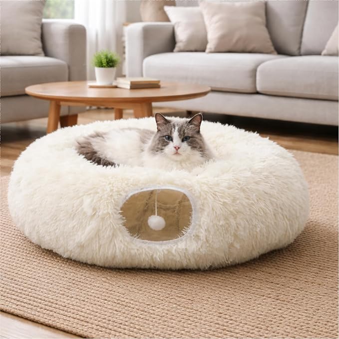 Grelife Cat Tunnel Bed for Indoor Cats, Cute Cat Tunnel Toys, Cat Donut Tunnel Toys with Washable/Removable Cushion, Non-Slip Base, for Cats, Kittens, Small Pets (White)