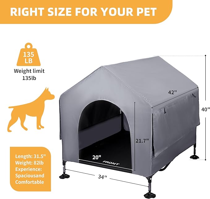 42" Dog House Outdoor Indoor with Breathable Mesh Windows, 2-in-1 Outside Dog House Elevated Dog Bed Cot Dog Tent Shade Shelter, Easy to Assemble & Clean (42 INCH)